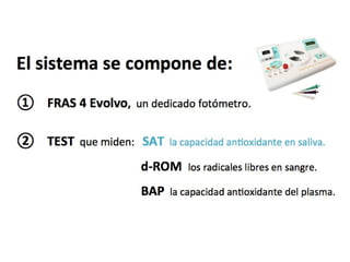 El sistema se compone de:   FRAS 4 Evolvo ,   un dedicado fotómetro. TEST   que miden:  SAT   la capacidad antioxidante en saliva.   d-ROM  los radicales libres en sangre.   BAP   la capacidad antioxidante del plasma.   