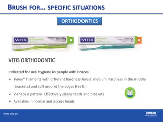 www.vitis.es
BRUSH FOR… SPECIFIC SITUATIONS
ORTHODONTICS
VITIS ORTHODONTIC
Indicated for oral hygiene in people with braces
 Tynex® filaments with different hardness levels: medium hardness in the middle
(brackets) and soft around the edges (teeth)
 V-shaped pattern: Effectively cleans teeth and brackets
 Available in normal and access heads
 