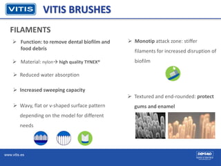 www.vitis.es
VITIS BRUSHES
FILAMENTS
 Function: to remove dental biofilm and
food debris
 Material: nylon high quality TYNEX®
 Reduced water absorption
 Increased sweeping capacity
 Wavy, flat or v-shaped surface pattern
depending on the model for different
needs
 Textured and end-rounded: protect
gums and enamel
 Monotip attack zone: stiffer
filaments for increased disruption of
biofilm
 