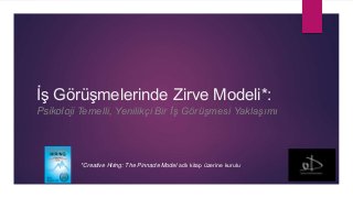 İş Görüşmelerinde Zirve Modeli*:
Psikoloji Temelli, Yenilikçi Bir İş Görüşmesi Yaklaşımı
*Creative Hiring: The Pinnacle Model adlı kitap üzerine kurulu
 