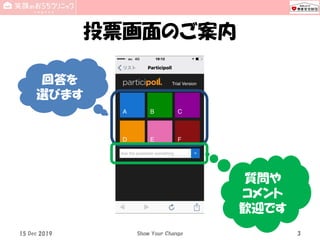 投票画面のご案内
3
回答を
選びます
質問や
コメント
歓迎です
15 Dec 2019 Show Your Change
 