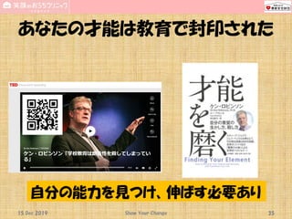 あなたの才能は教育で封印された
15 Dec 2019 Show Your Change 35
自分の能力を見つけ、伸ばす必要あり
 