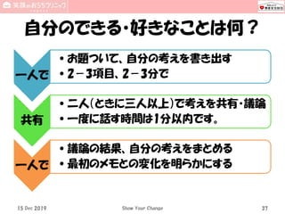 自分のできる・好きなことは何？
15 Dec 2019 Show Your Change 37
一人で
•お題ついて、自分の考えを書き出す
•2－3項目、2－3分で
共有
•二人（ときに三人以上）で考えを共有・議論
•一度に話す時間は1分以内です。
一人で
•議論の結果、自分の考えをまとめる
•最初のメモとの変化を明らかにする
 