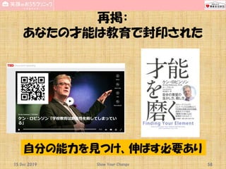 再掲：
あなたの才能は教育で封印された
15 Dec 2019 Show Your Change 58
自分の能力を見つけ、伸ばす必要あり
 