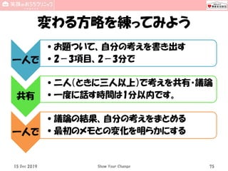 変わる方略を練ってみよう
15 Dec 2019 Show Your Change 75
一人で
•お題ついて、自分の考えを書き出す
•2－3項目、2－3分で
共有
•二人（ときに三人以上）で考えを共有・議論
•一度に話す時間は1分以内です。
一人で
•議論の結果、自分の考えをまとめる
•最初のメモとの変化を明らかにする
 