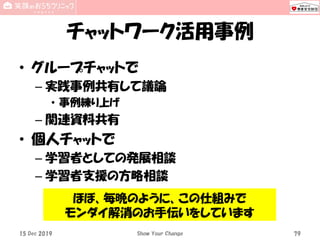 チャットワーク活用事例
• グループチャットで
– 実践事例共有して議論
• 事例練り上げ
– 関連資料共有
• 個人チャットで
– 学習者としての発展相談
– 学習者支援の方略相談
15 Dec 2019 Show Your Change 79
ほぼ、毎晩のように、この仕組みで
モンダイ解消のお手伝いをしています
 