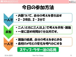 今日の参加方法
15 Dec 2019 Show Your Change 9
一人で
•お題ついて、自分の考えを書き出す
•2－3項目、2－3分で
共有
•二人（ときに三人以上）で考えを共有・議論
•一度に話す時間は1分以内です。
一人で
•議論の結果、自分の考えをまとめる
•最初のメモとの変化を明らかにする
ステップ・ラダー法の応用
 