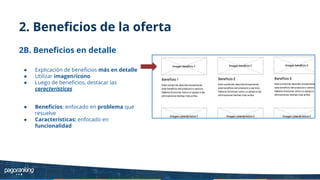 2. Beneﬁcios de la oferta
2B. Beneﬁcios en detalle
● Explicación de beneﬁcios más en detalle
● Utilizar imagen/ícono
● Luego de beneﬁcios, destacar las
características
● Beneﬁcios: enfocado en problema que
resuelve
● Características: enfocado en
funcionalidad
 