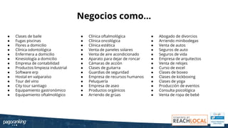 Negocios como...
● Clases de baile
● Fugas piscinas
● Flores a domicilio
● Clínica odontológica
● Enfermera a domicilio
● Kinesiología a domicilio
● Empresa de contabilidad
● Productos limpieza industrial
● Software erp
● Hostal en valparaíso
● Tour del vino
● City tour santiago
● Equipamiento gastronómico
● Equipamiento oftalmológico
● Clínica oftalmológica
● Clínica oncológica
● Clínica estética
● Venta de paneles solares
● Venta de aire acondicionado
● Aparato para dejar de roncar
● Cámaras de acción
● Clases de guitarra
● Guardias de seguridad
● Empresa de recursos humanos
● Peluquería
● Empresa de aseo
● Productos orgánicos
● Arriendo de grúas
● Abogado de divorcios
● Arriendo minibodegas
● Venta de autos
● Seguros de auto
● Seguros de vida
● Empresa de arquitectos
● Venta de relojes
● Curso de excel
● Clases de boxeo
● Clases de kickboxing
● Clases de yoga
● Producción de eventos
● Consulta psicológica
● Venta de ropa de bebé
 
