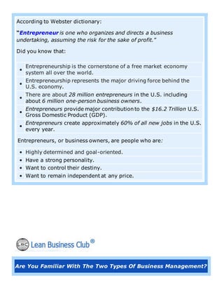 According to Webster dictionary:
“Entrepreneur is one who organizes and directs a business
undertaking, assuming the risk for the sake of profit.”
Did you know that:
•
Entrepreneurship is the cornerstone of a free market economy
system all over the world.
•
Entrepreneurship represents the major driving force behind the
U.S. economy.
•
There are about 28 million entrepreneurs in the U.S. including
about 6 million one-person business owners.
•
Entrepreneurs provide major contribution to the $16.2 Trillion U.S.
Gross Domestic Product (GDP).
•
Entrepreneurs create approximately 60% of all new jobs in the U.S.
every year.
Entrepreneurs, or business owners, are people who are:
• Highly determined and goal-oriented.
• Have a strong personality.
• Want to control their destiny.
• Want to remain independent at any price.
Are You Familiar With The Two Types Of Business Management?
 