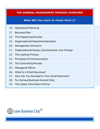 THE GENERAL MANAGEMENT PROCESS OVERVIEW
What Will You Learn In Check Point 1?
16. Operational Planning
17. Business Plan
18. The Organizing Process
19. Organizational Departmentalization
20. Management Structure
21. Organizational Design, Development, And Change
22. The Leading Process
23. Principles Of Communication
24. The Controlling Process
25. Managerial Ethics
26. What Is A Small Business?
27. How Can You Succeed In Your Small Business?
28. For Serious Business Owners Only
29. The Latest Information Online
 