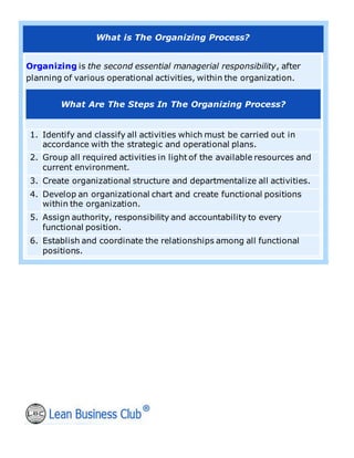 What is The Organizing Process?
Organizing is the second essential managerial responsibility, after
planning of various operational activities, within the organization.
What Are The Steps In The Organizing Process?
1. Identify and classify all activities which must be carried out in
accordance with the strategic and operational plans.
2. Group all required activities in light of the available resources and
current environment.
3. Create organizational structure and departmentalize all activities.
4. Develop an organizational chart and create functional positions
within the organization.
5. Assign authority, responsibility and accountability to every
functional position.
6. Establish and coordinate the relationships among all functional
positions.
 
