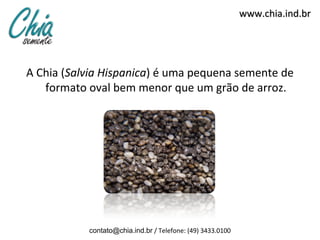www.chia.ind.brwww.chia.ind.br
A Chia (Salvia Hispanica) é uma pequena semente de
formato oval bem menor que um grão de arroz.
contato@chia.ind.br / Telefone: (49) 3433.0100
 