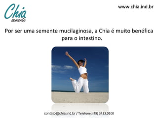 www.chia.ind.brwww.chia.ind.br
Por ser uma semente mucilaginosa, a Chia é muito benéfica
para o intestino.
contato@chia.ind.br / Telefone: (49) 3433.0100
 