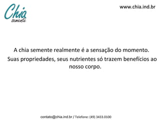www.chia.ind.br




  A chia semente realmente é a sensação do momento.
Suas propriedades, seus nutrientes só trazem benefícios ao
                        nosso corpo.




            contato@chia.ind.br / Telefone: (49) 3433.0100
 