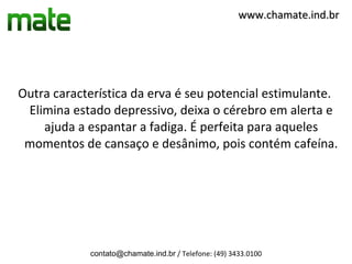 www.chamate.ind.br




Outra característica da erva é seu potencial estimulante.
 Elimina estado depressivo, deixa o cérebro em alerta e
    ajuda a espantar a fadiga. É perfeita para aqueles
 momentos de cansaço e desânimo, pois contém cafeína.




            contato@chamate.ind.br / Telefone: (49) 3433.0100
 