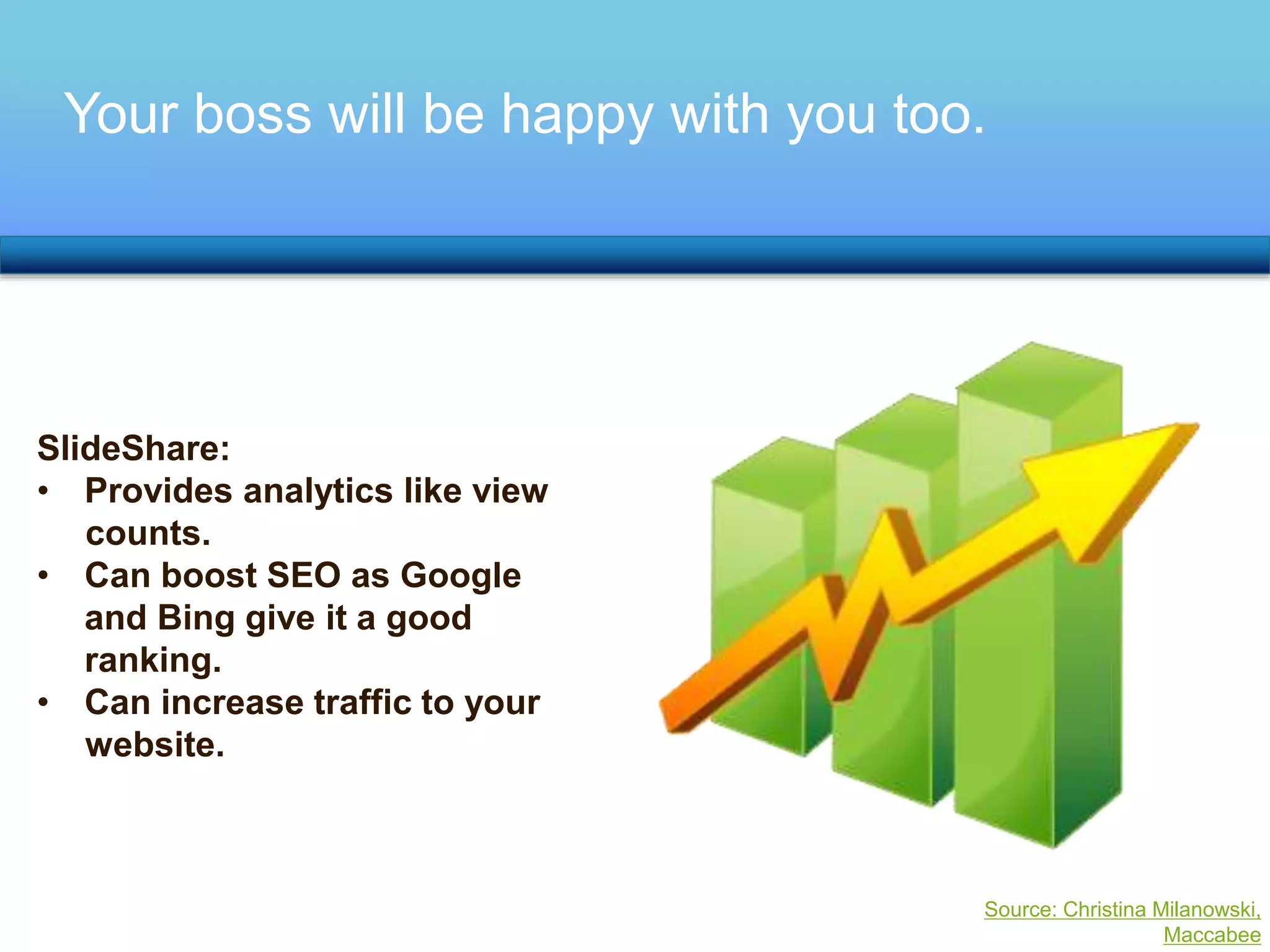 Your boss will be happy with you too. 
SlideShare: 
• Provides analytics like view 
counts. 
• Can boost SEO as Google 
and Bing give it a good 
ranking. 
• Can increase traffic to your 
website. 
Source: Christina Milanowski, 
Maccabee 
 
