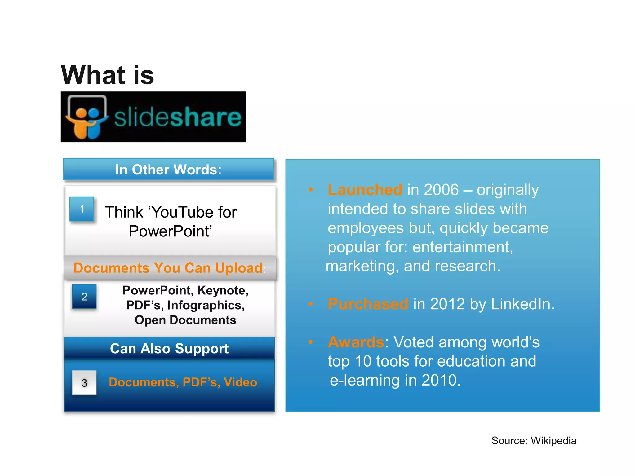 Source: Wikipedia 
What is 
In Other Words: 
Think ‘YouTube for 
PowerPoint’ 
1 
Documents You Can Upload: 
PowerPoint, Keynote, 
PDF’s, Infographics, 
Open Documents 
Can Also Support 
3 Documents, PDF’s, Video 
• Launched in 2006 – originally 
intended to share slides with 
employees but, quickly became 
popular for: entertainment, 
marketing, and research. 
• Purchased in 2012 by LinkedIn. 
• Awards: Voted among world's 
top 10 tools for education and 
e-learning in 2010. 
2 
 