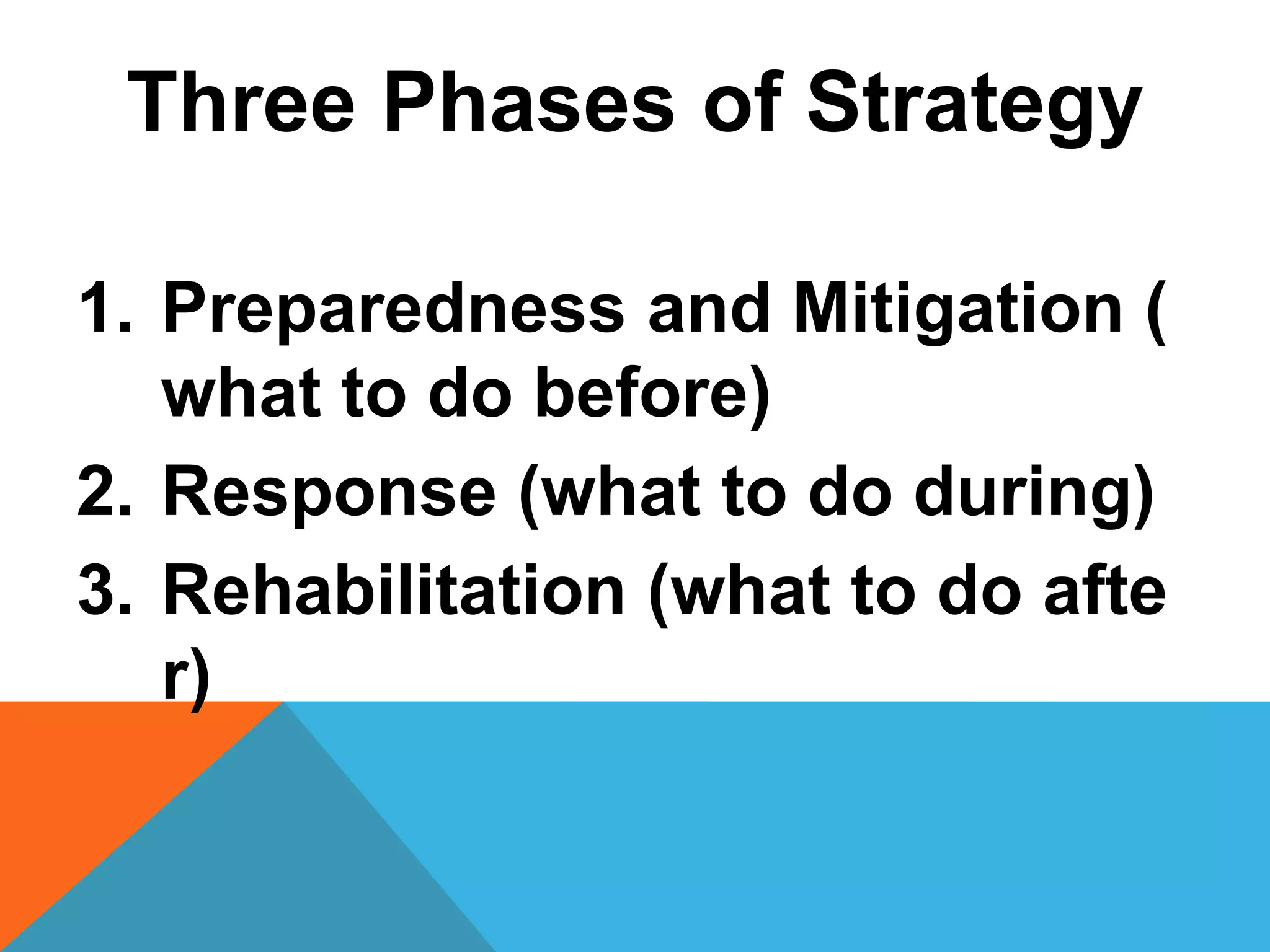 Three Phases of Strategy
1. Preparedness and Mitigation (
what to do before)
2. Response (what to do during)
3. Rehabilitation (what to do afte
r)
 