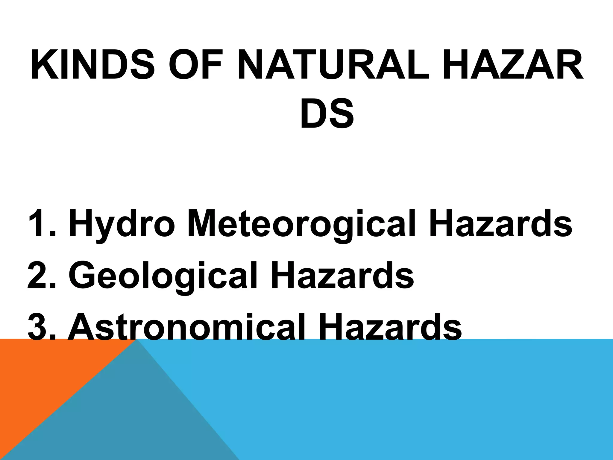 KINDS OF NATURAL HAZAR
DS
1. Hydro Meteorogical Hazards
2. Geological Hazards
3. Astronomical Hazards
 