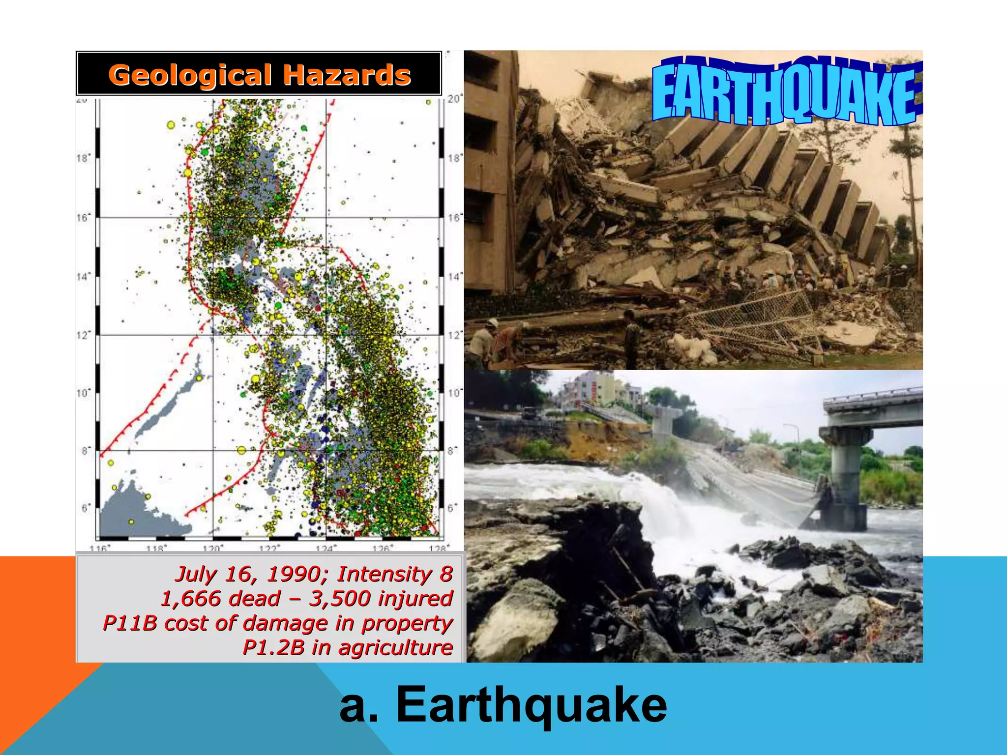 July 16, 1990; Intensity 8July 16, 1990; Intensity 8
1,666 dead1,666 dead –– 3,500 injured3,500 injured
P11B cost of damage in propertyP11B cost of damage in property
P1.2B in agricultureP1.2B in agriculture
Geological HazardsGeological Hazards
a. Earthquake
 