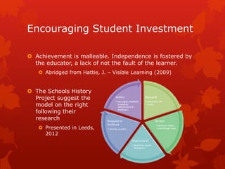 Encouraging Student Investment
 Achievement is malleable. Independence is fostered by
the educator, a lack of not the fault of the learner.
 Abridged from Hattie, J. – Visible Learning (2009)
 The Schools History
Project suggest the
model on the right
following their
research
 Presented in Leeds,
2012
 