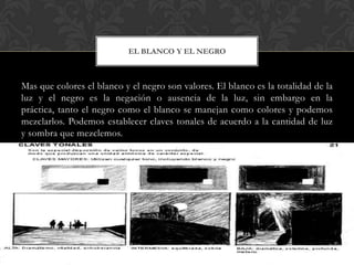 EL BLANCO Y EL NEGRO



Mas que colores el blanco y el negro son valores. El blanco es la totalidad de la
luz y el negro es la negación o ausencia de la luz, sin embargo en la
práctica, tanto el negro como el blanco se manejan como colores y podemos
mezclarlos. Podemos establecer claves tonales de acuerdo a la cantidad de luz
y sombra que mezclemos.
 