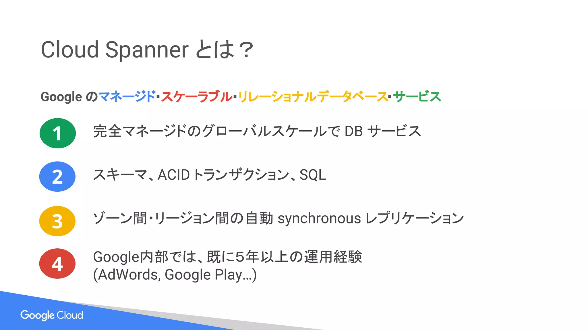 Cloud Spanner とは？
Google のマネージド・スケーラブル・リレーショナルデータベース・サービス
完全マネージドのグローバルスケールで DB サービス1
2
3
4
ゾーン間・リージョン間の自動 synchronous レプリケーション
スキーマ、ACID トランザクション、SQL
Google内部では、既に５年以上の運用経験
(AdWords, Google Play…)
 
