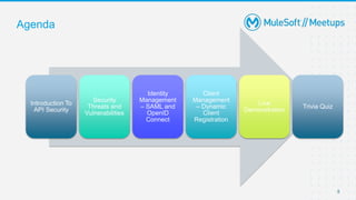 5
Agenda
Introduction To
API Security
Security
Threats and
Vulnerabilities
Identity
Management
– SAML and
OpenID
Connect
Client
Management
– Dynamic
Client
Registration
Live
Demonstration
Trivia Quiz
 