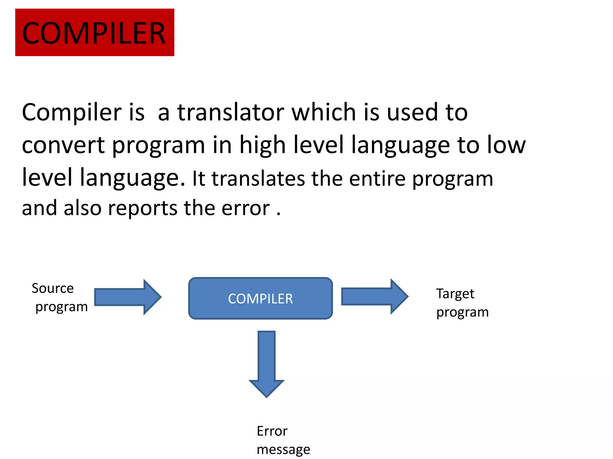 COMPILER
Compiler is a translator which is used to
convert program in high level language to low
level language. It translates the entire program
and also reports the error .
Source
program
COMPILER Target
program
Error
message
 