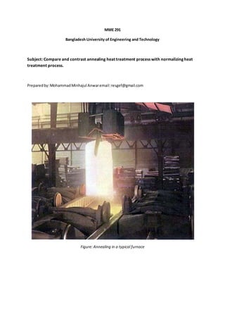 MME 291
Bangladesh University of Engineering and Technology
Subject: Compare and contrast annealing heat treatment process with normalizing heat
treatment process.
Preparedby:MohammadMinhajul Anwaremail:resgef@gmail.com
Figure: Annealing in a typical furnace
 