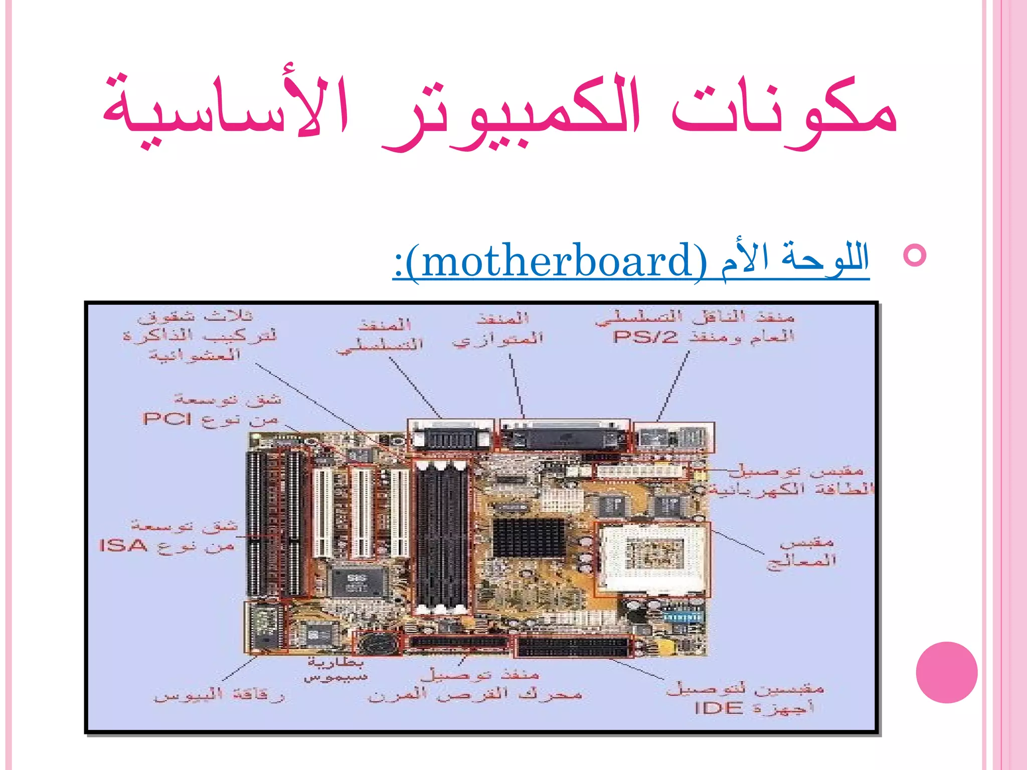 ‫الساسية‬ ‫الكمبيوتر‬ ‫مكونات‬
) ‫الم‬ ‫اللوحة‬motherboard:(
 