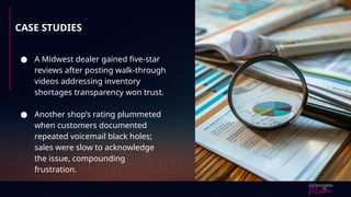 CASE STUDIES
● A Midwest dealer gained five-star
reviews after posting walk-through
videos addressing inventory
shortages transparency won trust.
● Another shop’s rating plummeted
when customers documented
repeated voicemail black holes;
sales were slow to acknowledge
the issue, compounding
frustration.
 
