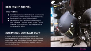 DEALERSHIP ARRIVAL
WHAT TO BRING
● Valid driver’s license with motorcycle endorsement
(or learner’s permit if the state allows demo rides).
● Proof of insurance if required for demos.
● Recent pay stub or credit-approval letter if you
plan to finance. On arrival, expect to sign a visitor
or waiver form and to store any bulky items in a
secure area for safety.
INTERACTION WITH SALES STAFF
A trained associate should greet you in the first five
minutes, explain the showroom layout, and ask about your
riding goals. If you feel rushed or ignored, politely ask for a
different representative—dealerships want the match to
work for both parties
 