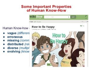 Some Important Properties 
of Human Know-How 
Human Know-how can be: 
● vague (different interpretations) 
● erroneous 
● missing (common sense is often assumed) 
● distributed (related knowledge in different repositories) 
● diverse (multiple approaches, possibly contradicting) 
● evolving (knowledge changes, new knowledge is created) 
 