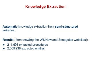 Knowledge Extraction 
Automatic knowledge extraction from semi-structured 
websites 
Results (from crawling the WikiHow and Snapguide websites): 
● 211,696 extracted procedures 
● 2,609,236 extracted entities 
 