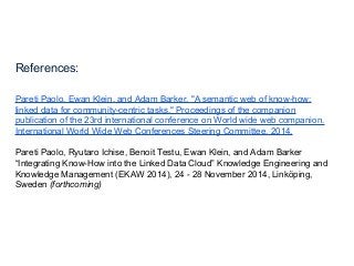 References: 
Pareti Paolo, Ewan Klein, and Adam Barker. "A semantic web of know-how: 
linked data for community-centric tasks." Proceedings of the companion 
publication of the 23rd international conference on World wide web companion. 
International World Wide Web Conferences Steering Committee, 2014. 
Pareti Paolo, Ryutaro Ichise, Benoit Testu, Ewan Klein, and Adam Barker 
“Integrating Know-How into the Linked Data Cloud” Knowledge Engineering and 
Knowledge Management (EKAW 2014), 24 - 28 November 2014, Linköping, 
Sweden (forthcoming) 
