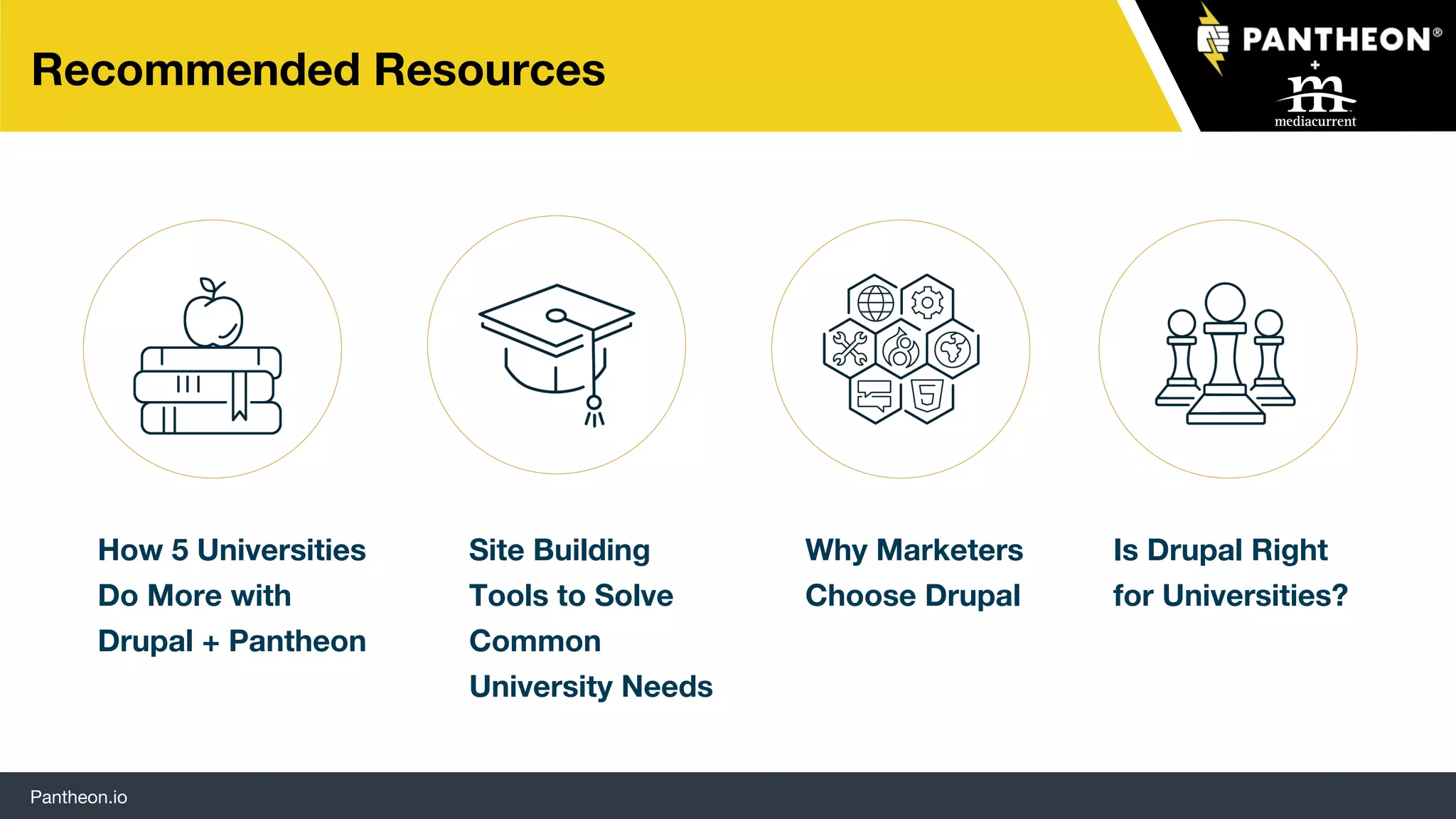 Pantheon.io
59
Recommended Resources
Is Drupal Right
for Universities?
How 5 Universities
Do More with
Drupal + Pantheon
Site Building
Tools to Solve
Common
University Needs
Why Marketers
Choose Drupal
 