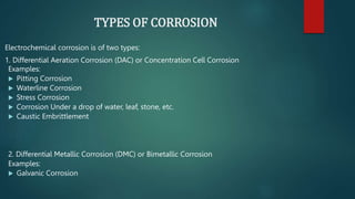 TYPES OF CORROSION
Electrochemical corrosion is of two types:
1. Differential Aeration Corrosion (DAC) or Concentration Cell Corrosion
Examples:
 Pitting Corrosion
 Waterline Corrosion
 Stress Corrosion
 Corrosion Under a drop of water, leaf, stone, etc.
 Caustic Embrittlement
2. Differential Metallic Corrosion (DMC) or Bimetallic Corrosion
Examples:
 Galvanic Corrosion
 