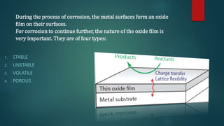 During the process of corrosion, the metal surfaces form an oxide
film on their surfaces.
For corrosion to continue further, the nature of the oxide film is
very important. They are of four types:
1. STABLE
2. UNSTABLE
3. VOLATILE
4. POROUS
 