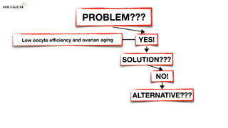 YES!
SOLUTION???
NO!
ALTERNATIVE???
PROBLEM???
Low oocyte eﬃciency and ovarian aging
 