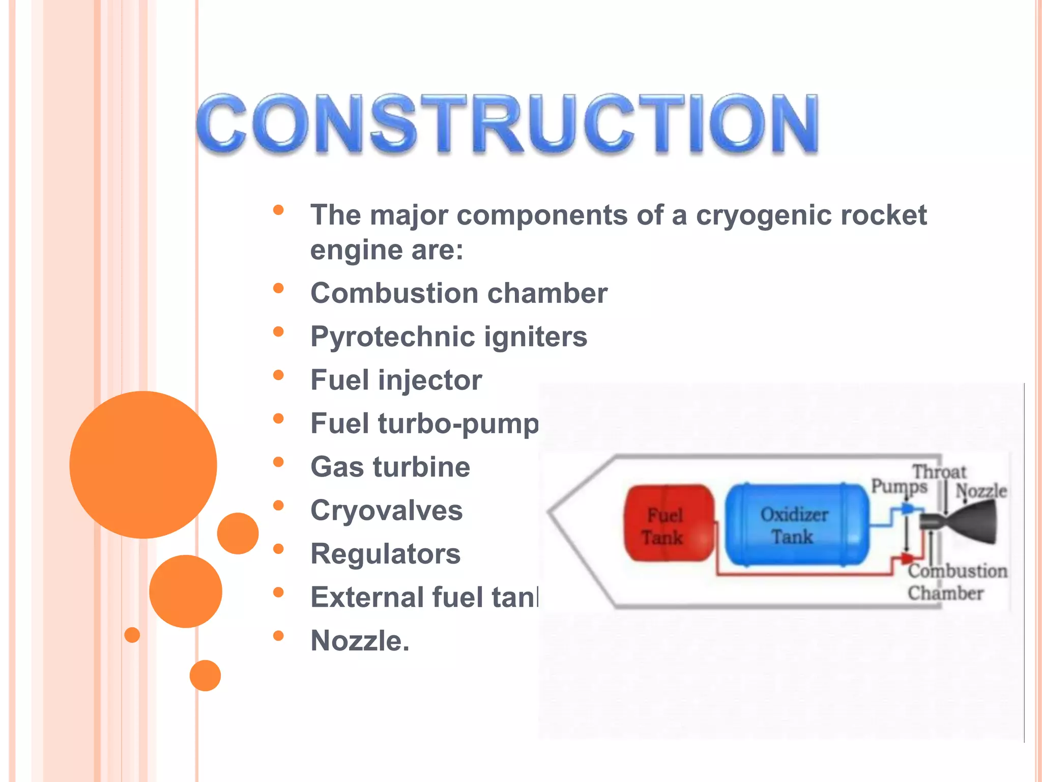 • The major components of a cryogenic rocket
engine are:
• Combustion chamber
• Pyrotechnic igniters
• Fuel injector
• Fuel turbo-pumps
• Gas turbine
• Cryovalves
• Regulators
• External fuel tanks
• Nozzle.
 