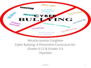 Miracle-Josette Creighton
Cyber Bullying: A Prevention Curriculum for
Grades 6-12 & Grades 3-5
Hazelden
Creighton 1
 