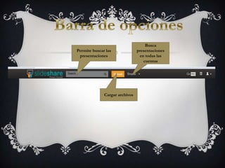 Busca
Permite buscar las              presentaciones
 presentaciones                  en todas las
                                   cuentas




              Cargar archivos
 