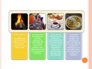 El año viejo es
la
representación
de los hechos
malos en la cual
al quemarlo
junto a el se ira
todo lo malo
El carnaval es
una fiesta que
permite
expresar la
creatividad del
ser humano,
pero se a
tomado como
referencia el mal
uso del agua en
tal fecha
El día de los
difuntos es una
fecha muy
importante para
los ecuatorianos
ya que en dicha
tradición se
encuentra la
visita a las
personas que
querían, pero
han fallecido
La semana
santa es el
recuerdo del
sacrificio de
Dios entregando
a su hijo, pero el
ecuador se
distingue por su
peculiar forma
de realizarlo con
un plato de
fanesca.
 