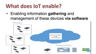 What does IoT enable?
• Enabling information gathering and
management of these devices via software
 