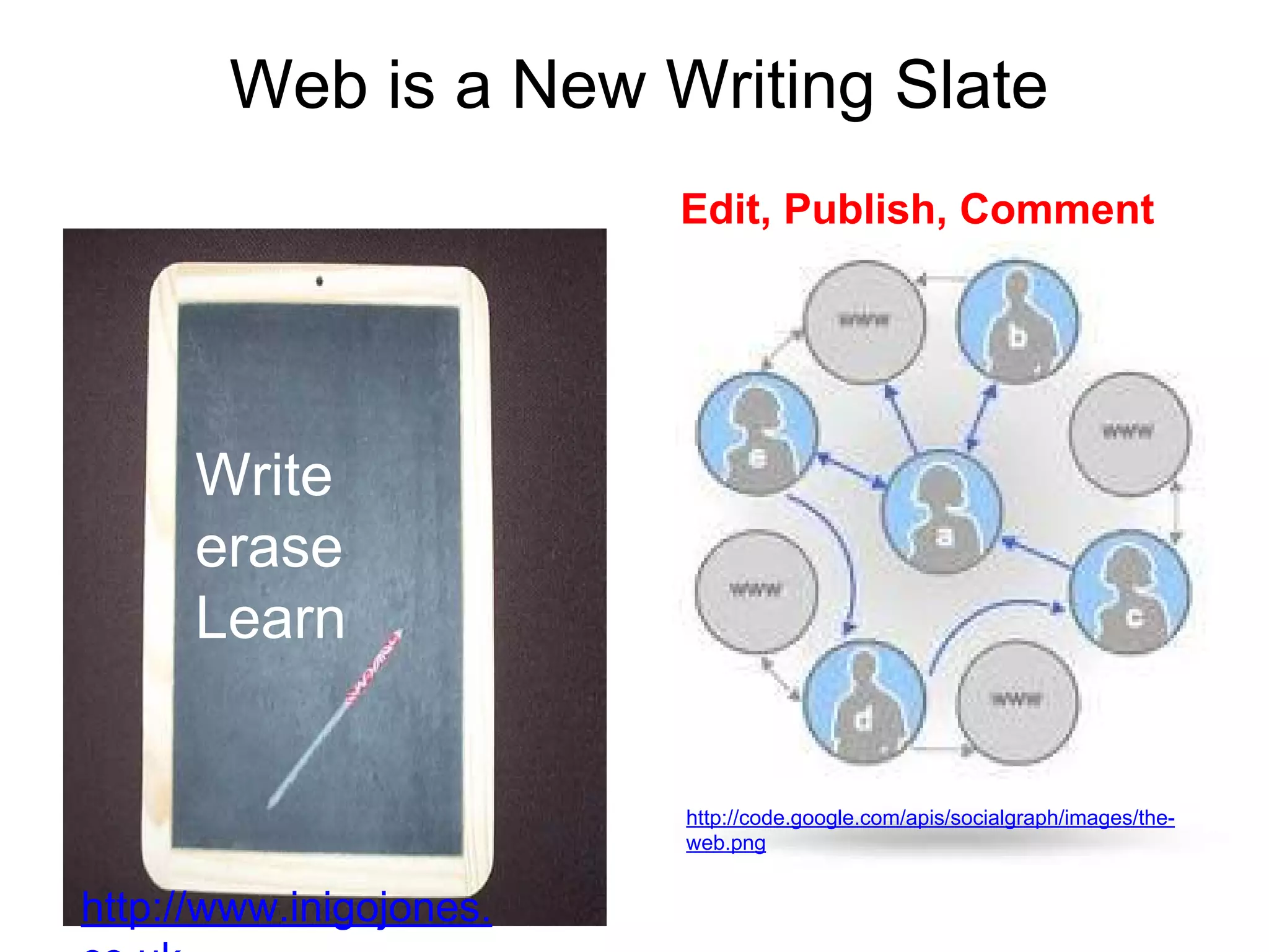 Web is a New Writing Slate
Write
erase
Learn
Edit, Publish, Comment
http://www.inigojones.
http://code.google.com/apis/socialgraph/images/the-
web.png
 