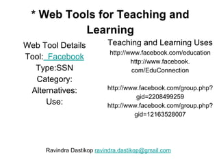 * Web Tools for Teaching and
Learning
Web Tool Details
Tool: Facebook
Type:SSN
Category:
Alternatives:
Use:
Teaching and Learning Uses
http://www.facebook.com/education
http://www.facebook.
com/EduConnection
http://www.facebook.com/group.php?
gid=2208499259
http://www.facebook.com/group.php?
gid=12163528007
Ravindra Dastikop ravindra.dastikop@gmail.com
 