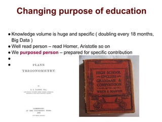 Changing purpose of education
● Knowledge volume is huge and specific ( doubling every 18 months,
Big Data )
● Well read person – read Homer, Aristotle so on
● We purposed person – prepared for specific contribution
●
●
 