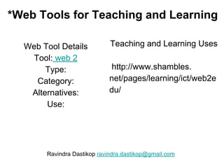 *Web Tools for Teaching and Learning
Web Tool Details
Tool: web 2
Type:
Category:
Alternatives:
Use:
Teaching and Learning Uses
http://www.shambles.
net/pages/learning/ict/web2e
du/
Ravindra Dastikop ravindra.dastikop@gmail.com
 